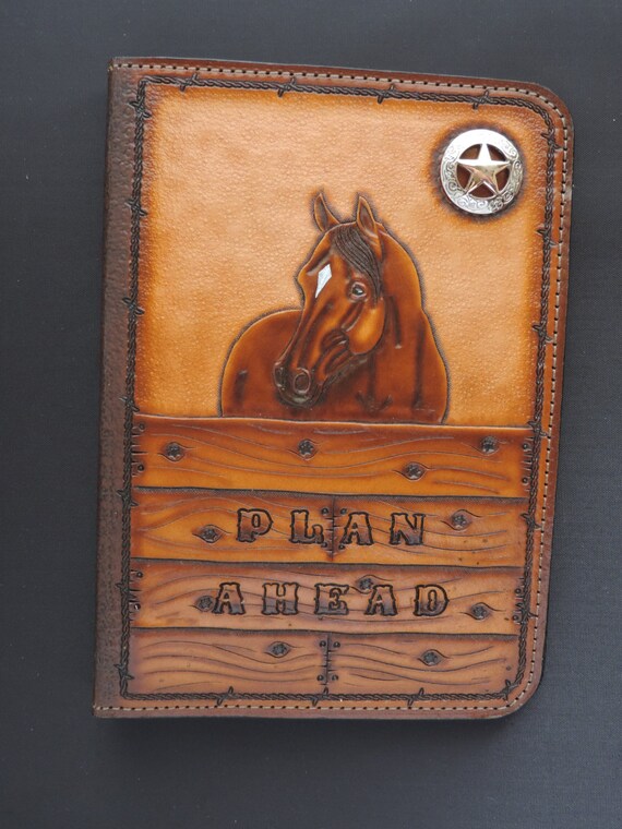 Hand Tooled Leather Day Planner in Brown with Horse Barn wood