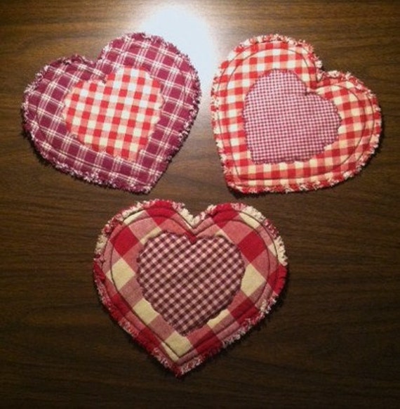 Set of 3 Rag Quilt Mug Rugs / Small Candle Mats 8 x 8