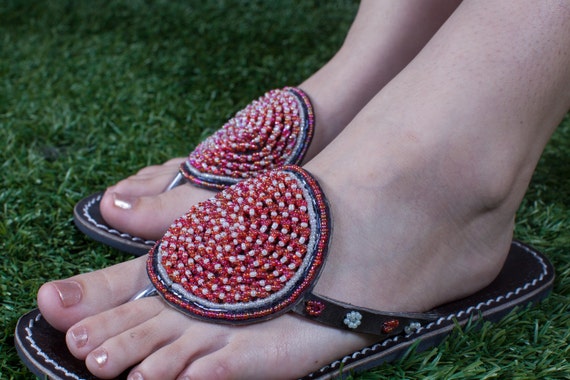 Handmade Beaded Women's Leather Sandals