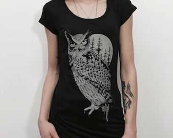 OWL shirt, MOON t-shirt, Womens shirt, Owl art, Woodland tee shirt for women, Steampunk clothing, twin peaks shirt, boho tshirt, vegan shirt
