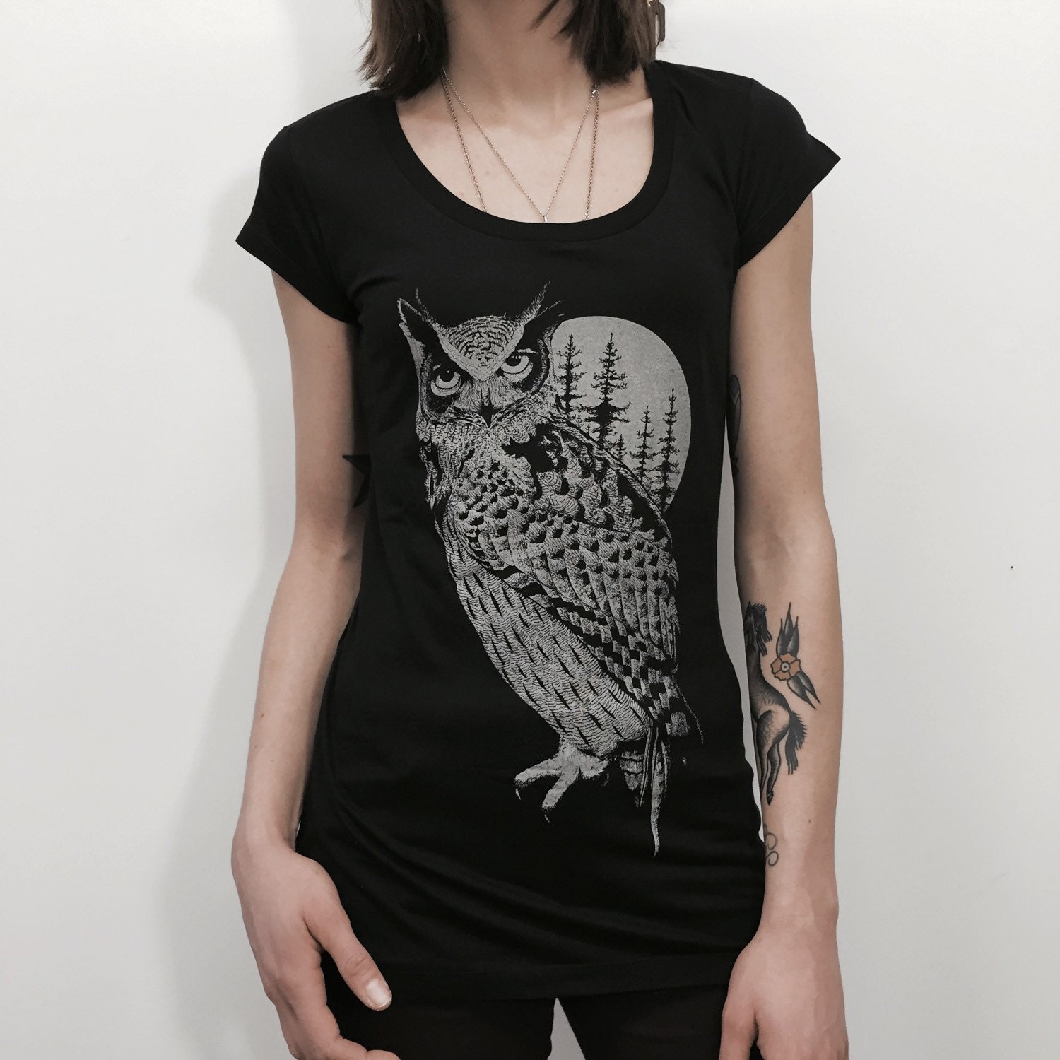 OWL shirt MOON tshirt Womens shirt Owl art Woodland tee