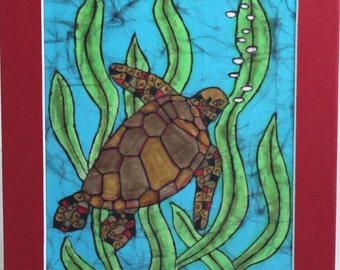 Batik Honu Sea Turtle Swimming in Seaweed w-Red Mat 8 x 10 by BATIKIN