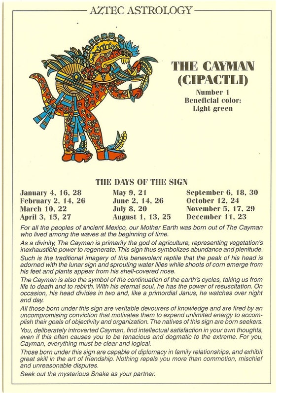 Vintage Aztec Astrology postcard: The Cayman from Zodiac
