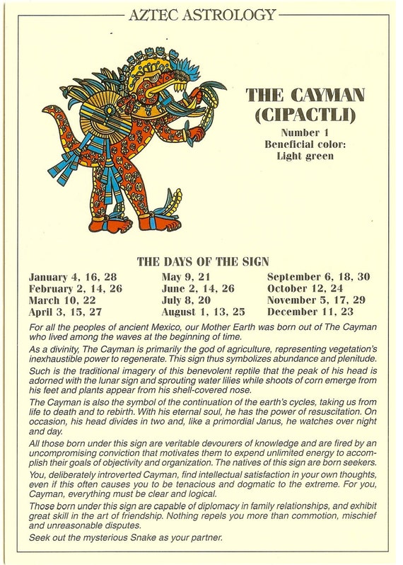 Vintage Aztec Astrology postcard The Cayman from Zodiac