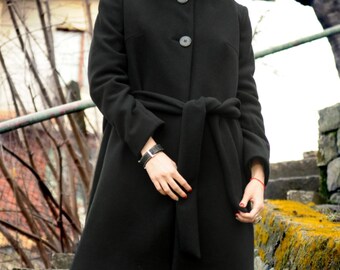 New! Black Wool Coat / Black Hood Coat / Woman Coat / Elegant Black Hoodie