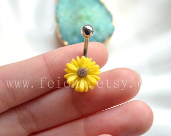 Yellow resin flower belly button ring, Navel Piercing, friendship belly rings, Dangle Belly Ring , Belly Button Piercing, Belly jewelry