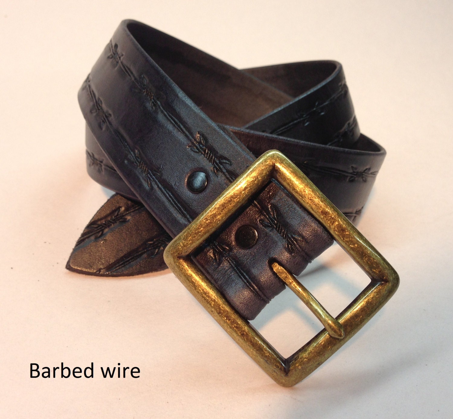 Barbed wire black leather belt. Black belt. Hand crafted.