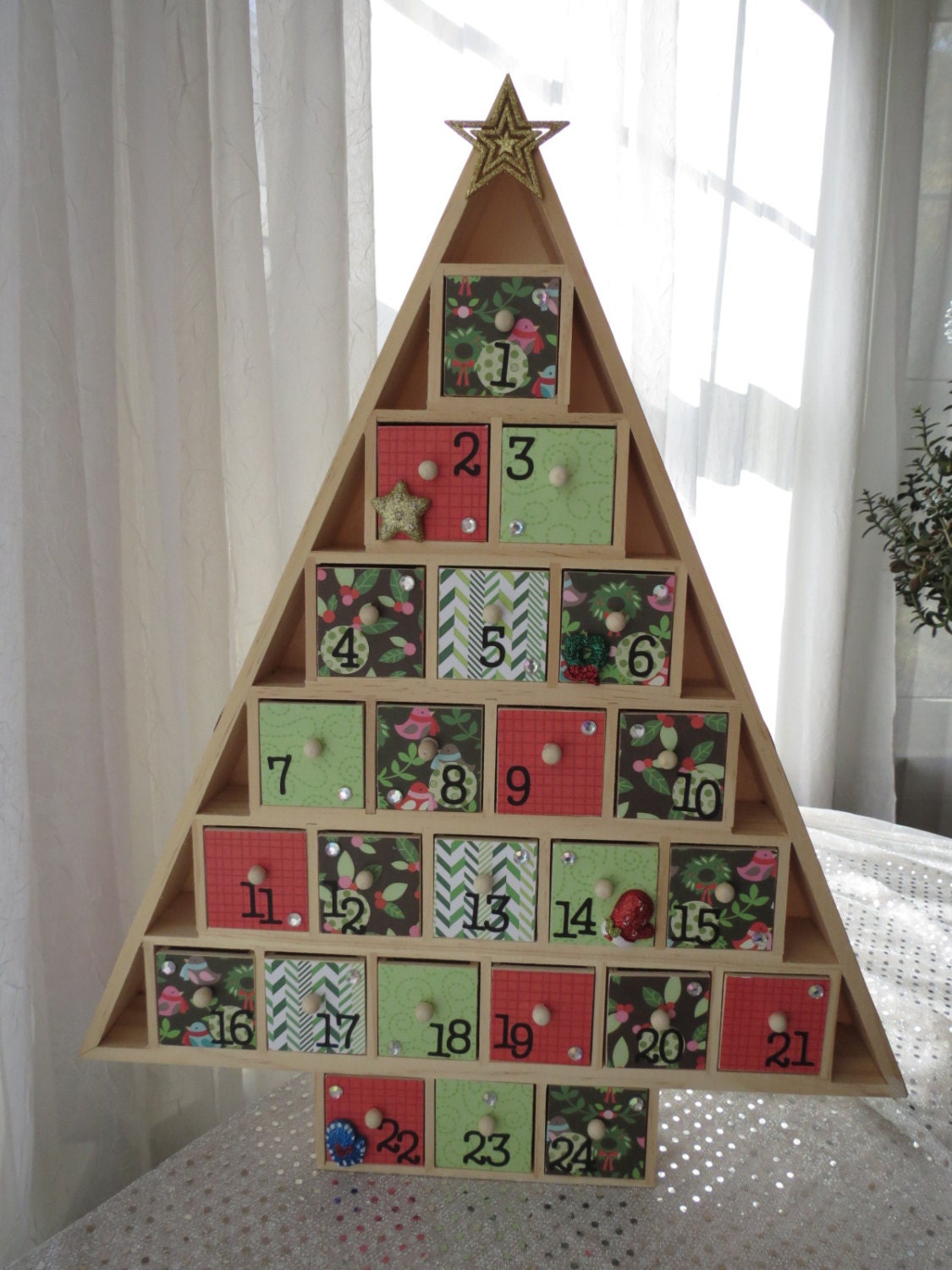 Christmas Tree Advent Calendar Wooden Drawers Birds and