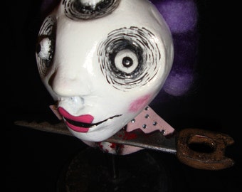 Three Eyed Circus Odditie - Monster Creepy Horror Gothic Ugly Handmade Folk Art Primitive Doll Head
