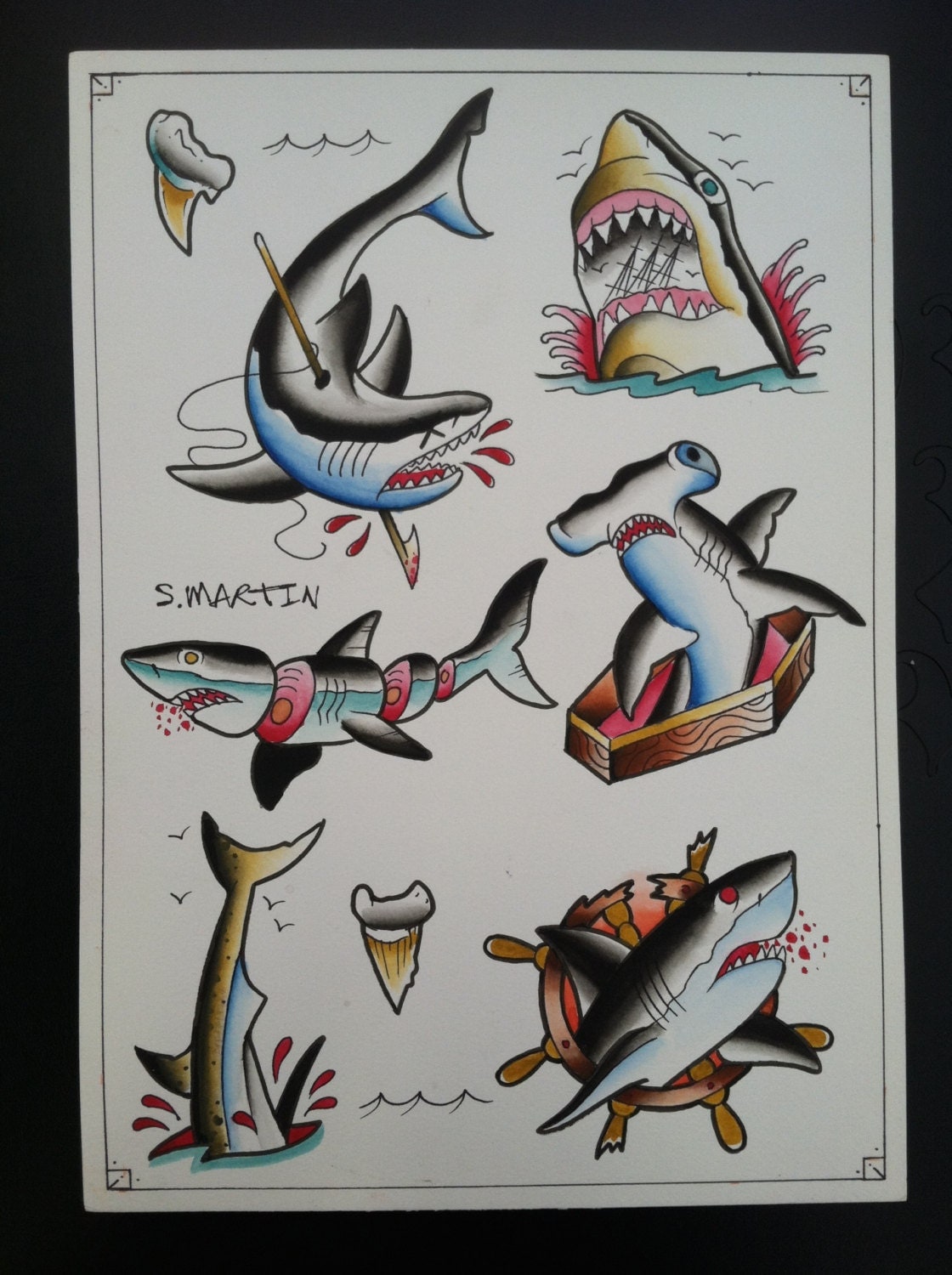 Sharks tattoo flash page by BySteveMartin on Etsy