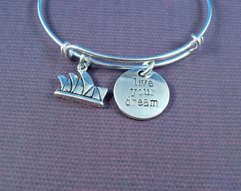 Australia's Famous Opera House, Live Your Dream, Stainless Steel Bangle Bracelet, Adjustable Bangle, Free Gift Box