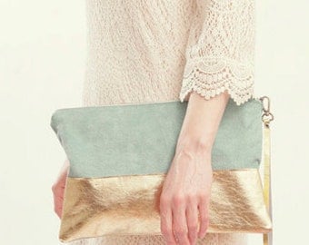 Mint and Gold Wedding Accessory. Gold Leather Clutch. Mint Green Wedding Clutch. Mint Green Clutch. Pastel Bridesmaid Bag.