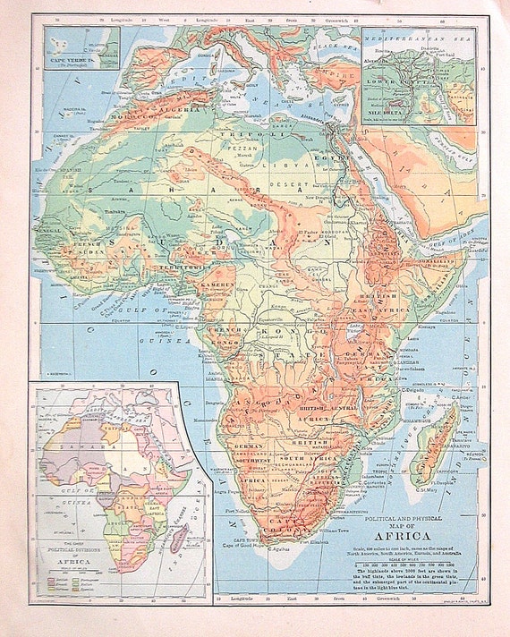 1898 Antique Map Map of Africa Political and Physical Map