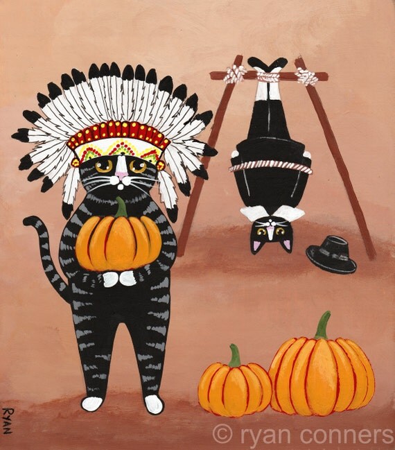 Happy Thanksgiving Cat Original Folk Art Painting