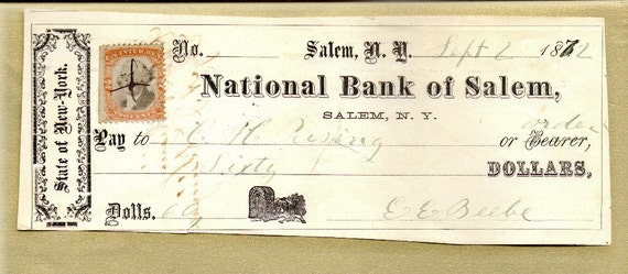 1872 Old Bank Check from The National Bank of Salem N.Y. and