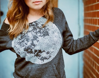 Womens moon sweatshirt, off the shoulder sweater, womens slouchy top, fleece pullover, womens raglan, kangaroo pocket, moon shirt for her