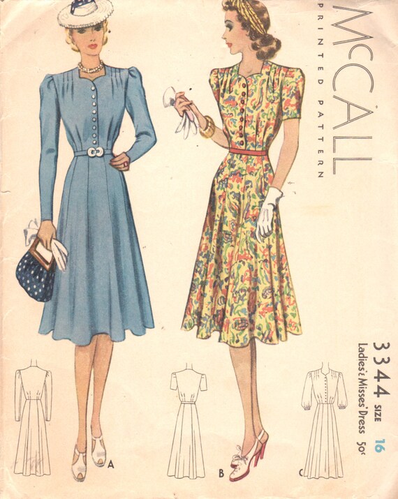 1930s McCall 3344 Misses Flared Skirt DAY DRESS Pattern Womens
