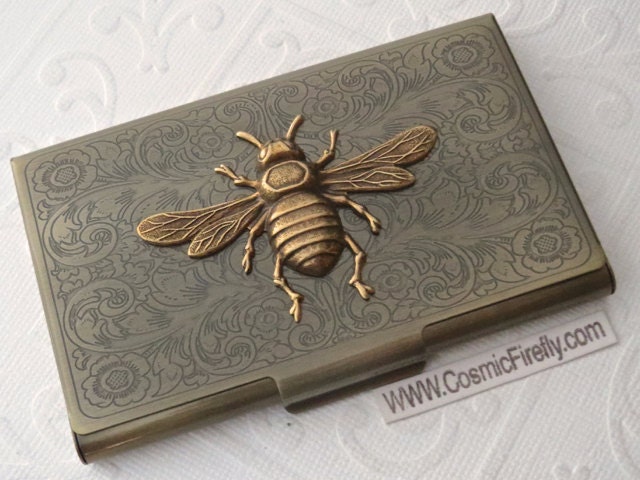 Brass Bee Business Card Case Bee Case Vintage Style Steampunk Case Gothic Victorian Scroll Pattern Metal Card Holder