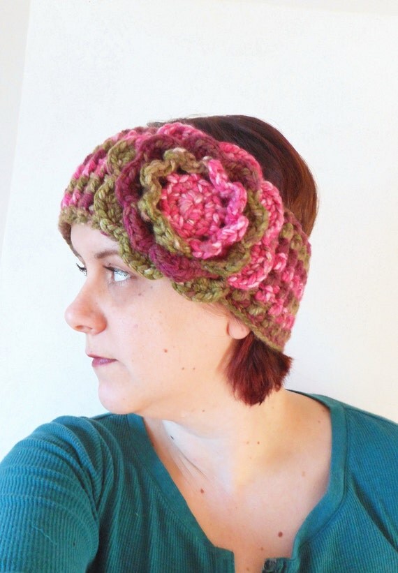 Winter Headband in Olive and Pink with Large Rose. 
