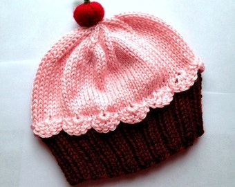 Cupcake Hat with Cherry on Top Dark Chocolate Brown Cake Cotton Candy Frosting hand knit - baby toddler children adult 3 6 9 12 18 months