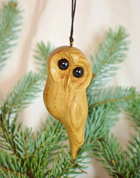 Wooden Christmas owl tree ornament handmade window carving