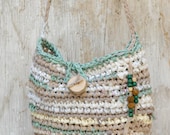 Tan aqua white crocheted rag bag --- Fabric crocheted purse with wooden beads --- Fairy handbag --- tagt rdtt