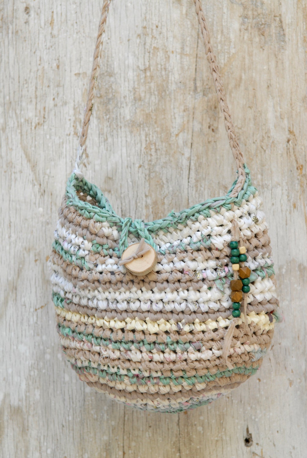 Tan aqua white crocheted rag bag Fabric crocheted purse with