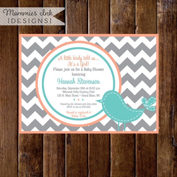 Preppy Chevron Bird Baby Shower Invitation - Gray Coral and Turquoise - PRINTABLE INVITATION DESIGN Il_570xn