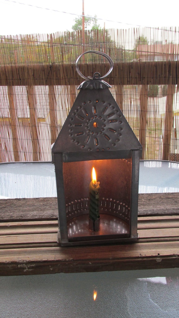 Vintage Punched Tin Porch Lantern Candle Holder Primitive