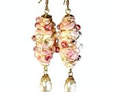 Pink Pearl Dangle Earrings, Wire Wrapped, Fiber Art, Pink Wedding, Bridal Jewelry