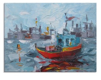 The calm - Original Oil Painting on Canvas Palette Knife - by SOLOMOON - gallery fine art ready to hang impasto bay ship sea river small