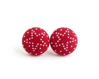 Carmine red earrings - star earrings - dark red fabric earrings - tiny button earrings - fall autumn stud earrings