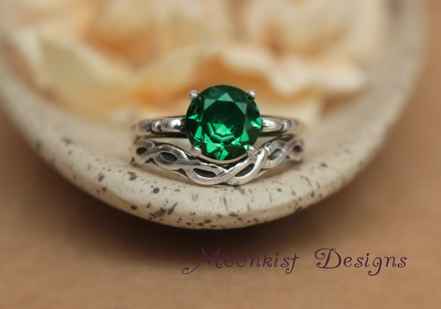 Emerald Green Spinel Filigree Ring Set with Fitted Celtic Band