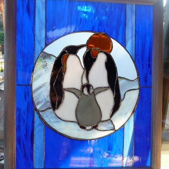 Emporer Penguin Family in Stained Glass circle in rectangle