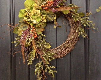 Fall Wreath Thanksgiving Wreath Green Berry Branches Twig Grapevine Door Wreath Decor Green Hydrangea Feathers, Monogrammed Decoration