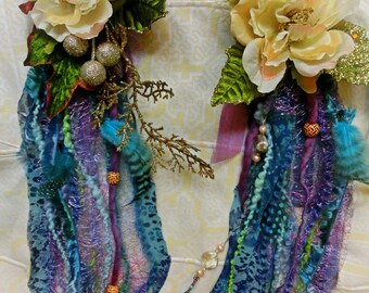 Hair Fall, Shell, Yarn, Feather, Burning Man, Tribal Belly Dance, Hair Accessories, Fairy, Purple, Aqua Blue, Halloween