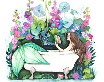 Mermaid Art - Reading in Bathtub - Watercolor Print