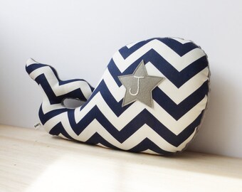 Personalized Whale Pillow, Modern Nautical Nursery Decor, navy chevron, navy and gray