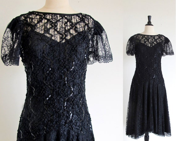 Reserve for Jude/ Vintage Black Lace Party Dress 80s Sequin