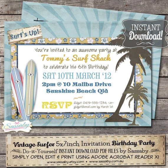 Vintage Surf Birthday Party Invitation - INSTANT DOWNLOAD - Editable & Printable Invitations by Sassaby Il_570xn