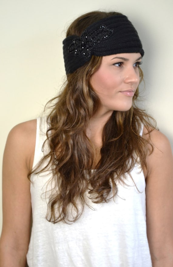 BLACK Boho Chunky Knitted Headband Ear Warmer by AnytimeScarf