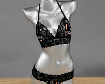Sexy handmade with NHL Philadelphia Flyers fabric with black scallped lace accent top with matching G string panty lingerie set