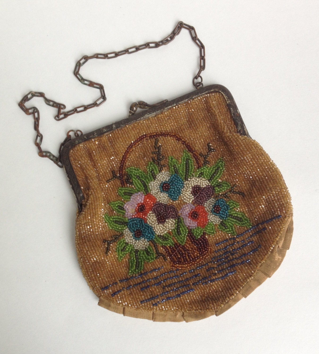 Antique Victorian Floral Hand Beaded Purse