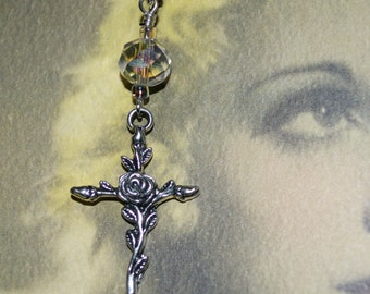 Crucifix Necklace, Rose Cross Pendant, Flower Cross, Floral Cross, Rose Crucifix, Crystal Cross Necklace, Feminine Cross, Religious Jewelry