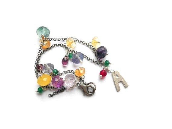 Sterling silver bracelet, charm bracelet, rainbow bracelet, personalized bracelet with A letter, friendship bracelet with gemstones