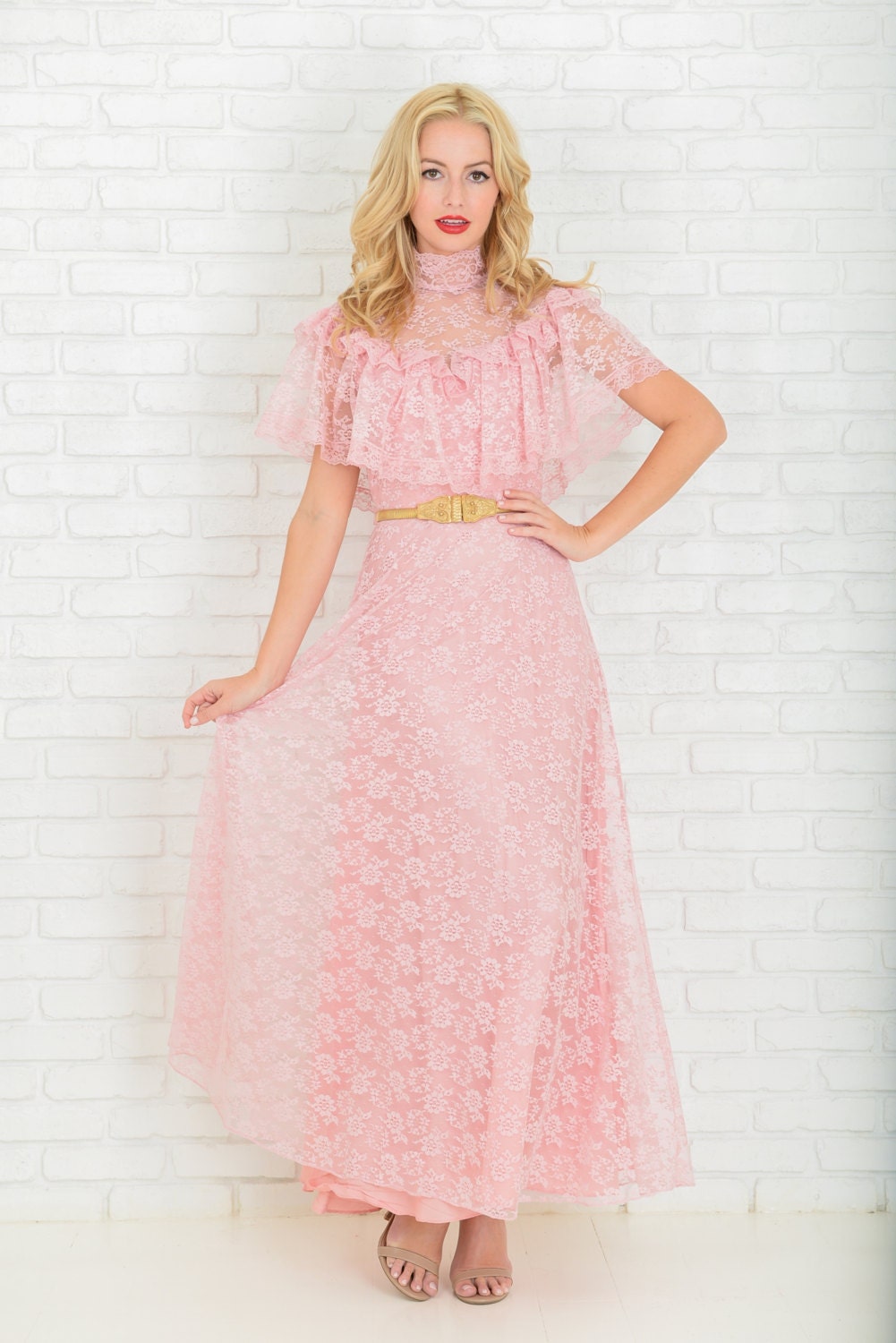 Adorable 70s Pink Floral Cotton Mutton Sleeve Maxi Dress