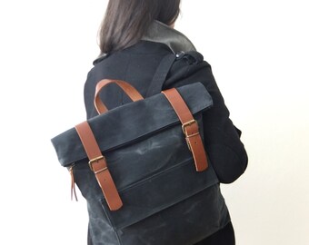 Waxed Canvas Backpack in Black, Gift for Dad, Father's Day Gift Zippered Foldover Closure, Leather Accessories - 15" Laptop - Waterproof Bag