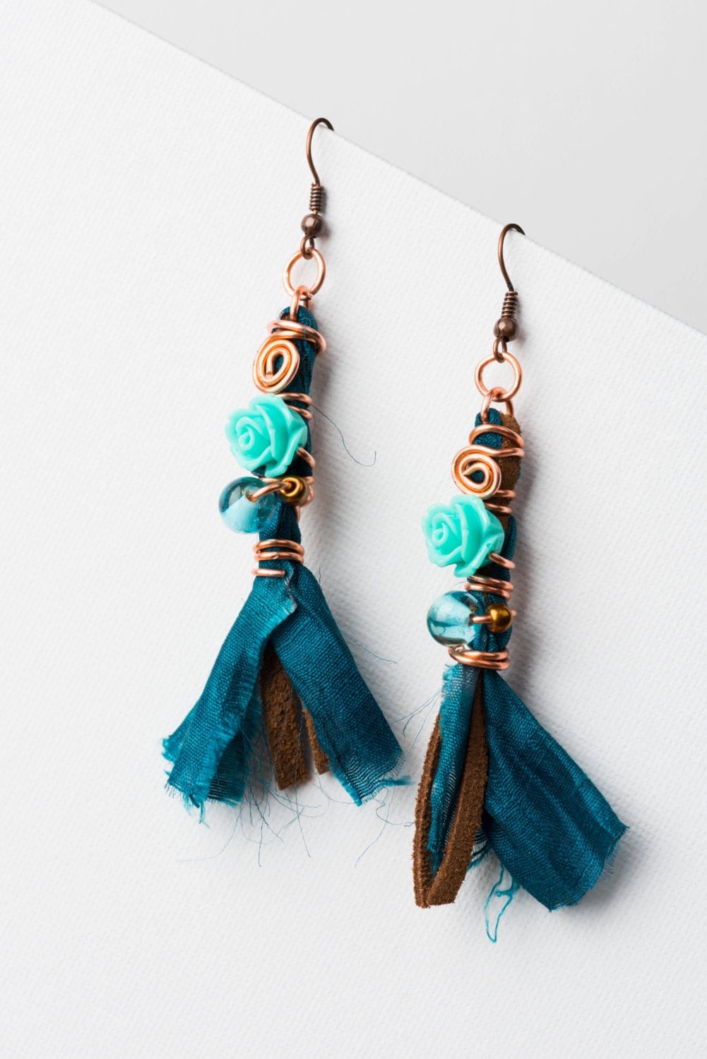 Wire Wrapped Silk & Suede Tassel Earrings. Teal by WoodlandCaravan