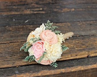 Romantic Wedding Bouquet - Toss Alternative Natural Bridesmaid Bouquet, Keepsake Wood Bouquet, Shabby Chic Rustic Wedding