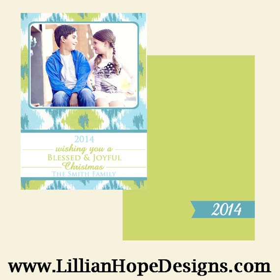 HOLIDAY Photo Card - Ikat Green and Blue - Christmas Greeting Card - PRINTABLE Photo Card Il_570xn